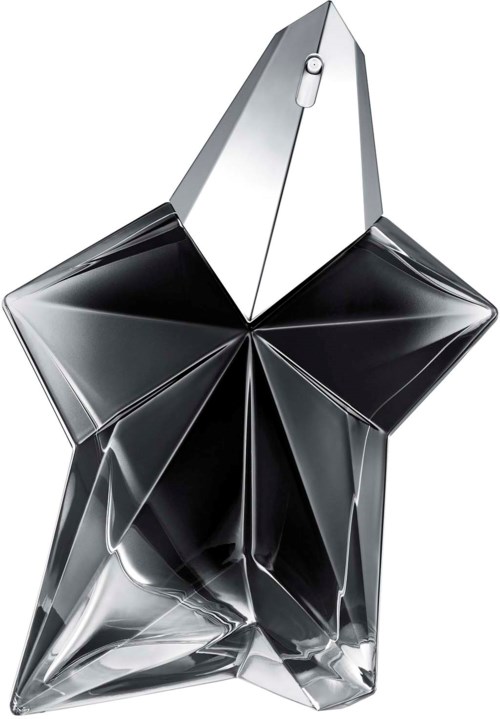 Ett genomskinligt, stjärnformat parfymflaska med en elegant design och ett silverlock.