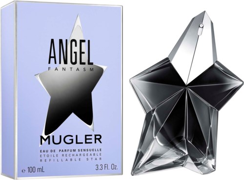 En parfyllåda formad som en stjärna och dess box, med orden 'Angel Mugler' och en stjärndesign.
