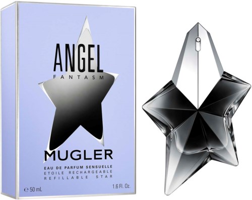 Een parfumfles in de vorm van een ster en een doos met de woorden Angel Mugler, die aangeeft dat het een geur is.