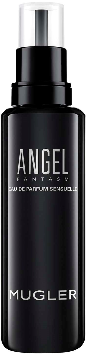 Een zwart flesje met een zilveren dop, gemerkt 'Angel Fantasme Eau de Parfum Sensuelle' door Mugler.
