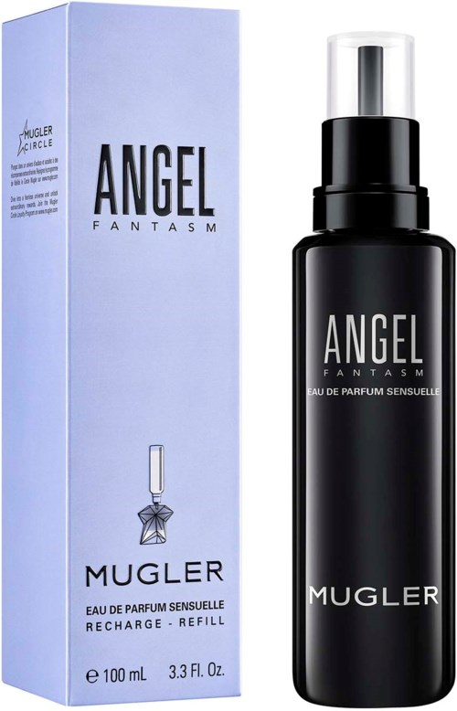 Een zwarte parfumfles en een lichtpaarse doos met tekst, toont Angel Fantasm van Mugler, een geurproduct.