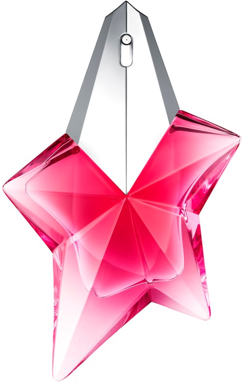 A pink star-shaped decoration hanging from a silver string. The star has a shiny, faceted surface.