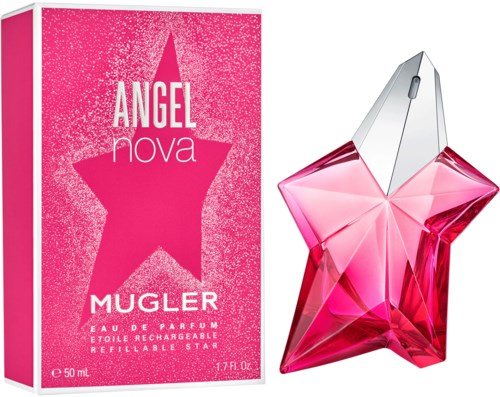 Een roze sterrenvormige parfumfles en doos met de naam 'Angel Nova Mugler'.