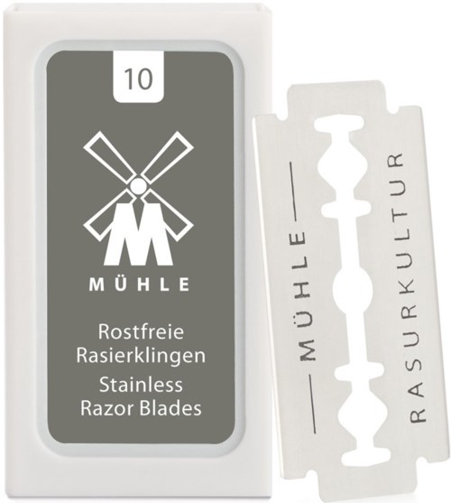 En box med rostfria rakblad från Mühle, visar 10 blad och ett skydd på bladet.
