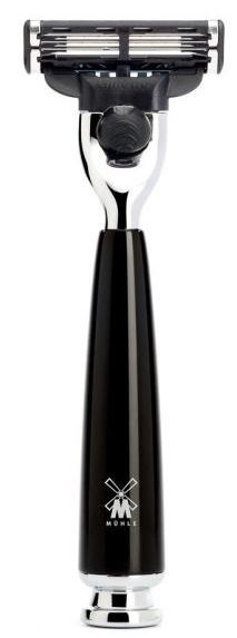 A safety razor with a black handle, metal head, and a logo at the bottom of the handle.