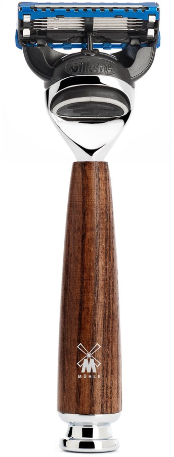 Ein Rasierer mit Holzgriff, schwarzem und blauem Kopf, und mehreren Klingen zum Rasieren.