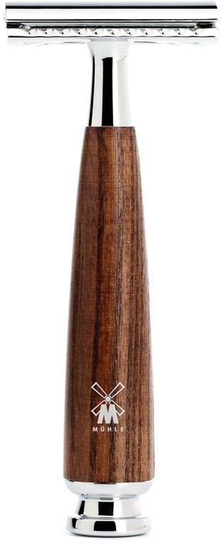A safety razor with a wooden handle and metal head. It has a small logo near the bottom of the handle.