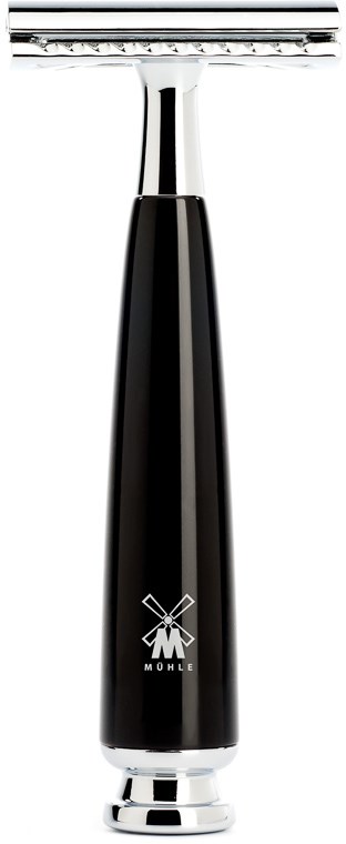 A black handle razor with a metallic head and a logo of a windmill near the bottom.