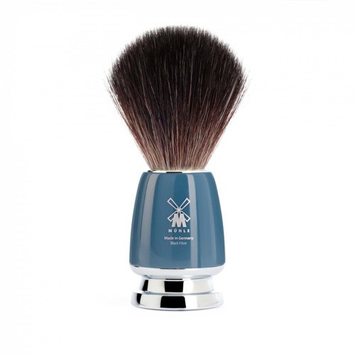 A shaving brush with dark bristles and a blue handle featuring a logo of a windmill.