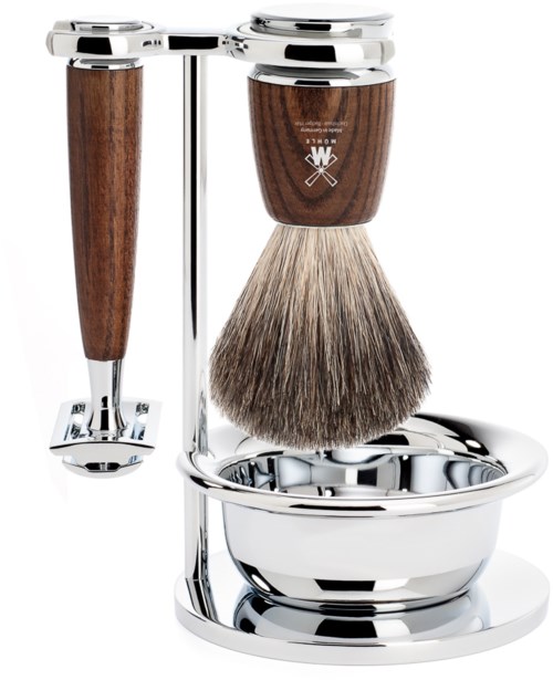 A shaving set with a wooden handle razor, brush, and a chrome stand with a bowl.
