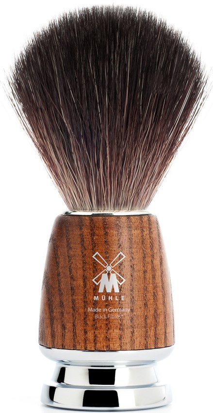 A shaving brush with a wooden handle and dense dark bristles.