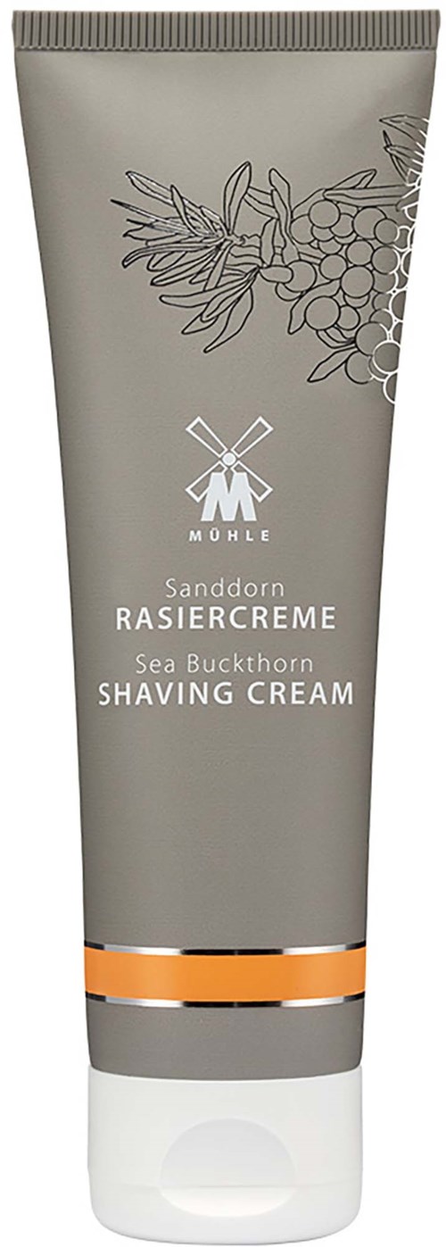 Harmaa käsirasia, jossa on valkoinen korkki ja oranssi raita, merkintä Sea Buckthorn Sanddorn Rasiercreme.