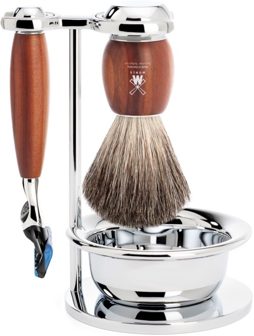 A shaving set with a razor, brush, and bowl on a stand. All items have wooden handles and chrome parts.