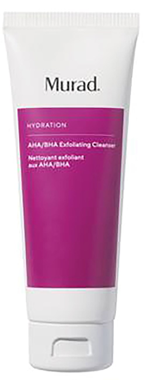 Een tube Murad Hydration AHA/BHA Exfoliating Cleanser met roze en witte verpakking.