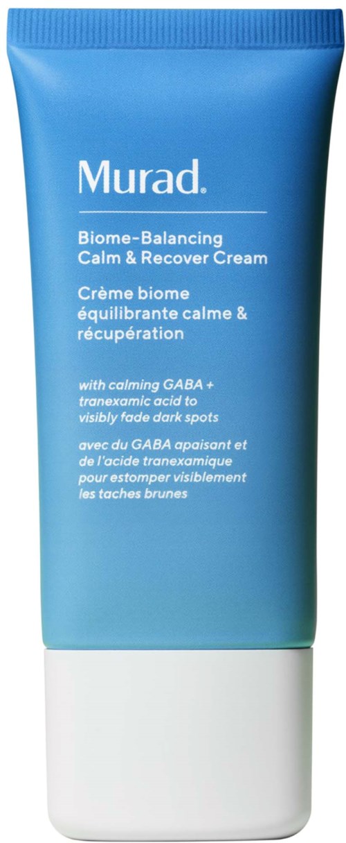 Sininen Murad Biome-Balancing Calm and Recover Cream -putkilasia, valkoinen korkki, nimi ja kuvaus etupuolella.