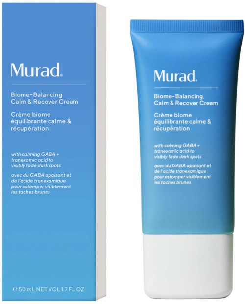 Sininen putki Murad Calm & Recover Cream, valkoinen korkki, tuotteen nimi ja tiedot painettu pakkaukseen.