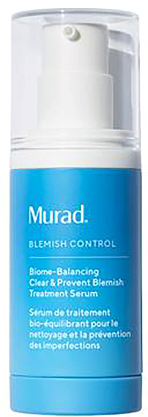 Eine blaue und weiße Flasche mit Murad Blemish Control Serum für klare Haut und Pickelvorbeugung.