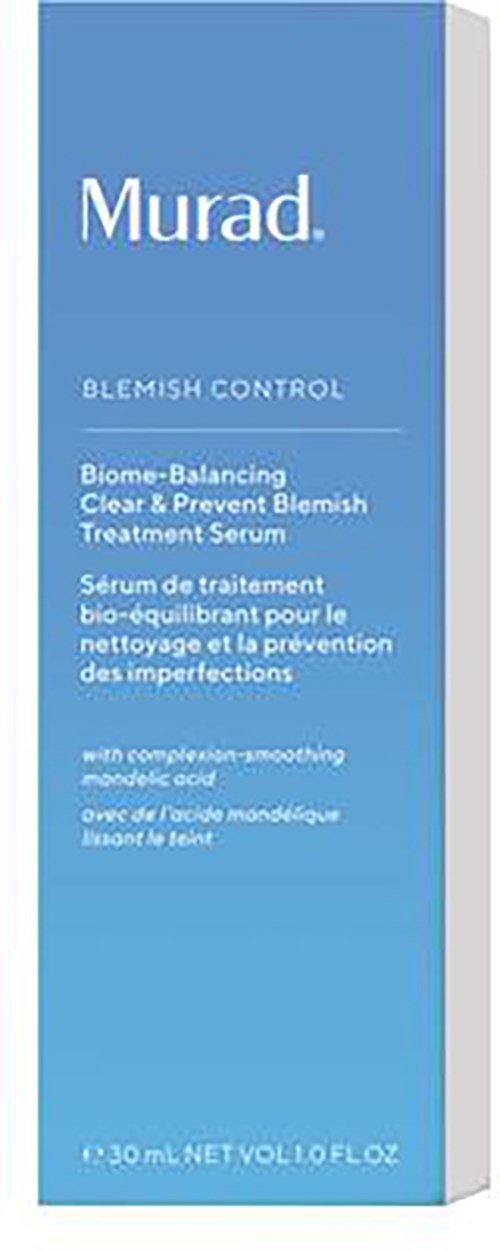 Blauer Karton mit weißem Text für Murad Hautpflegeprodukt, erwähnt Akne-Kontrolle und Behandlungsserum.
