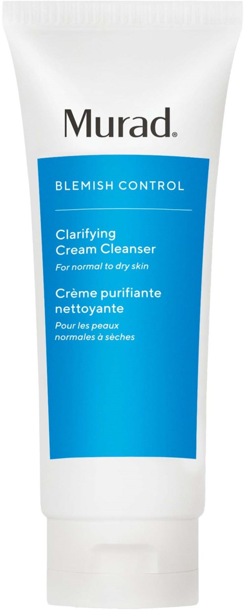 Valkoinen putkilo, jossa sininen etiketti Murad Blemish Control Clarifying Cream Cleanser kuivalle iholle.