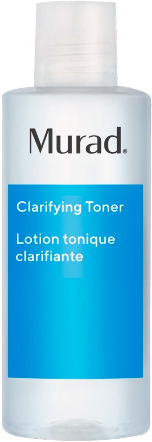 Eine klare Flasche mit weißem Deckel, beschriftet Murad Clarifying Toner. Blaues Etikett mit Produktinformationen auf Englisch und Französisch.