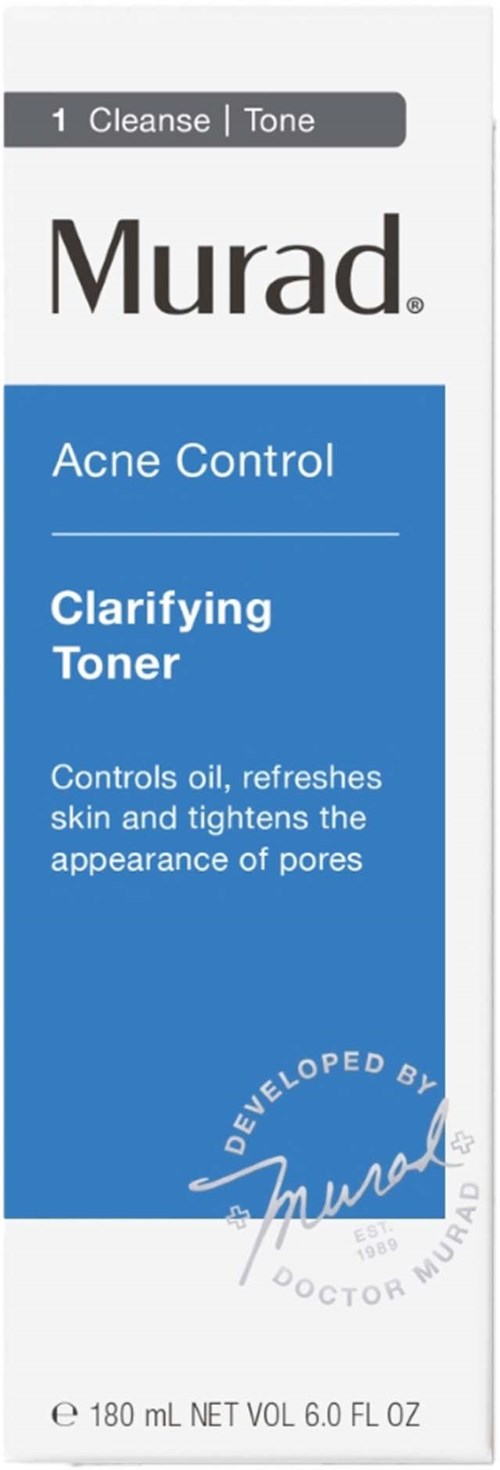 Das Bild ist eine blaue und weiße Verpackung von Murad Acne Control Clarifying Toner mit Produktdetails und Logo.