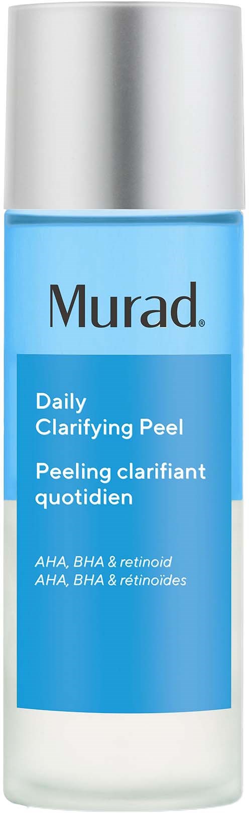 En blå flaska märkt Murad Daily Clarifying Peel med en silverfärgad topp.