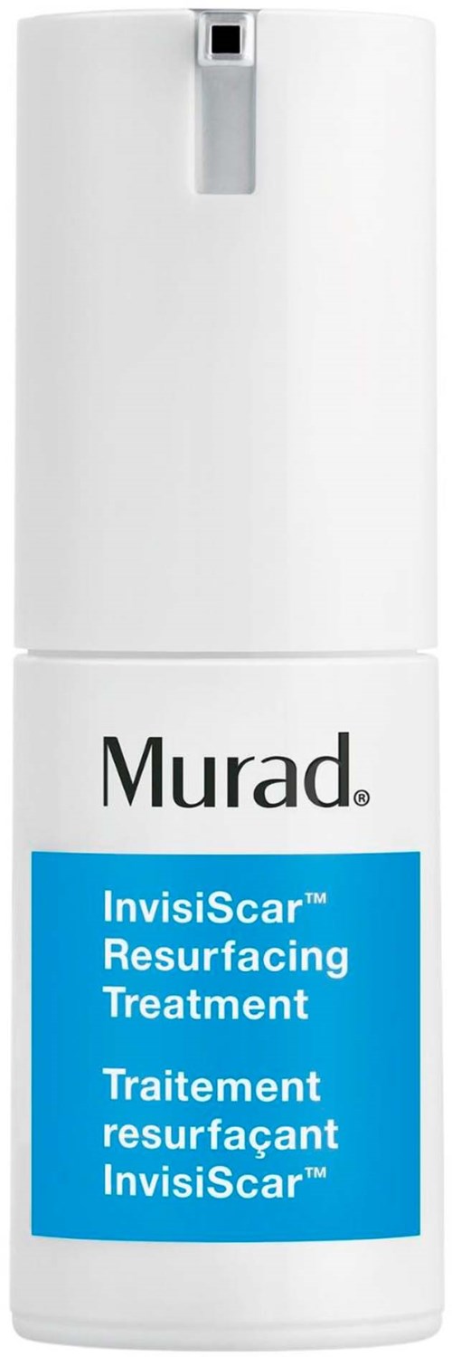 Eine weiße Flasche mit Pumpspender, gekennzeichnet Murad InvisiScar Resurfacing Treatment, für Hautpflege.