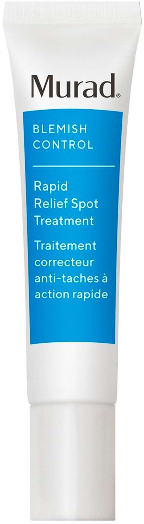 Een witte tube met een blauw label, genaamd Murad, voor snelle plekbehandeling van acne.