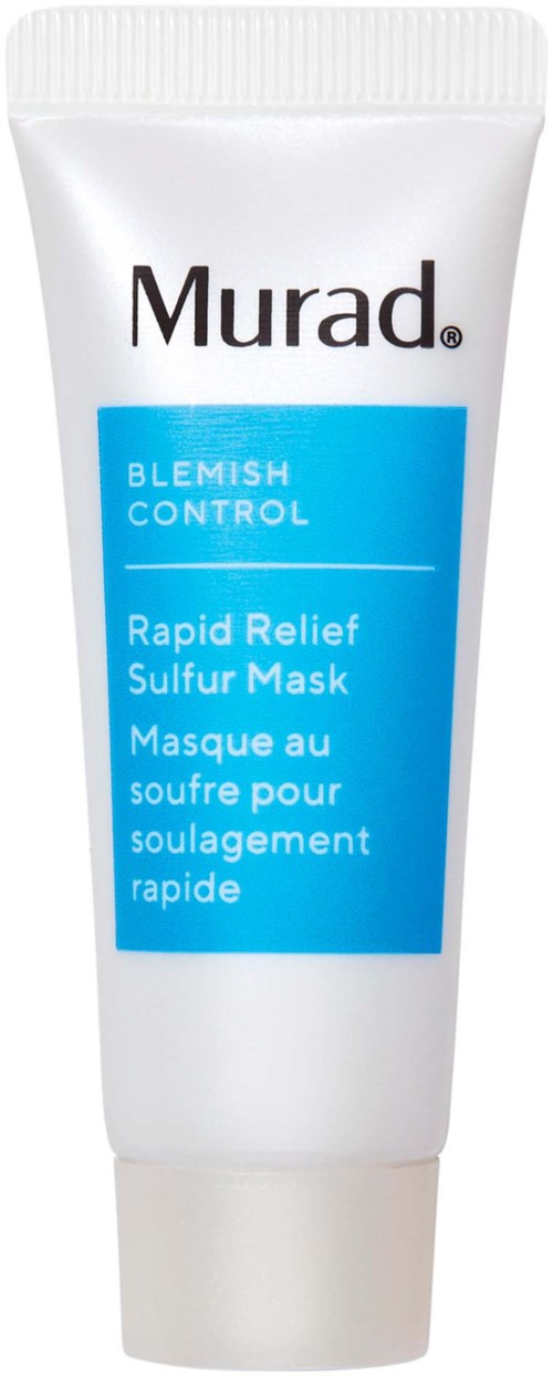 A white tube with a blue label that reads "Murad Blemish Control" and mentions a sulfur mask for acne relief.