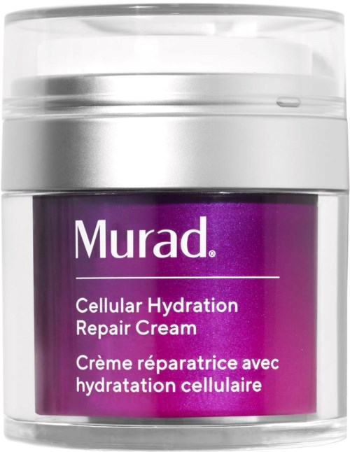 Een paarse pot met Murad cellulaire hydratatie herstelcrème met een zilveren deksel.