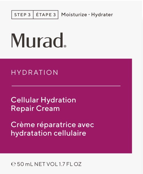 Een huidverzorgingsproductverpakking voor Murad's hydraterende crème, die celhydratie en herstel aangeeft, met merk en volume-informatie.