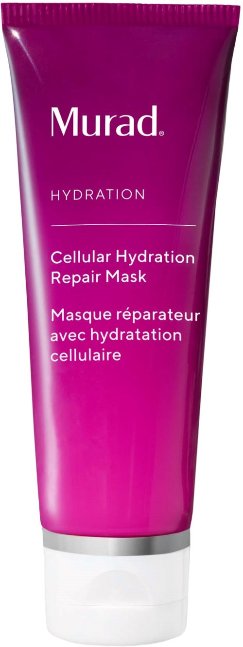 Pinkfarbige Tube von Murad Cellular Hydration Repair Mask mit weißem Text, aufrecht stehend.