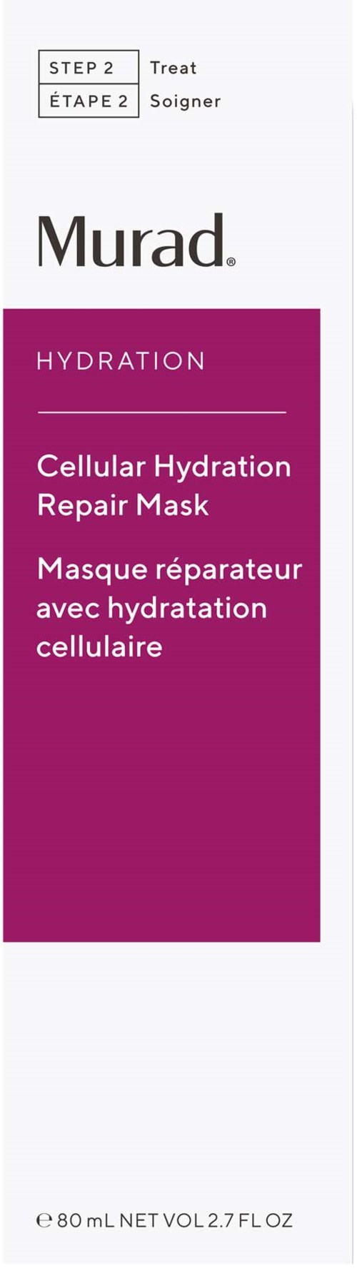 Eine Box in Lila und Weiß, beschriftet als Murad Cellular Hydration Repair Mask für Hautfeuchtigkeit.