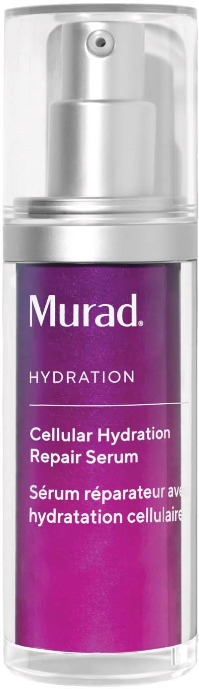 Een paarse fles van Murad met Cellular Hydration Repair Serum en een zilverkleurige pomp.