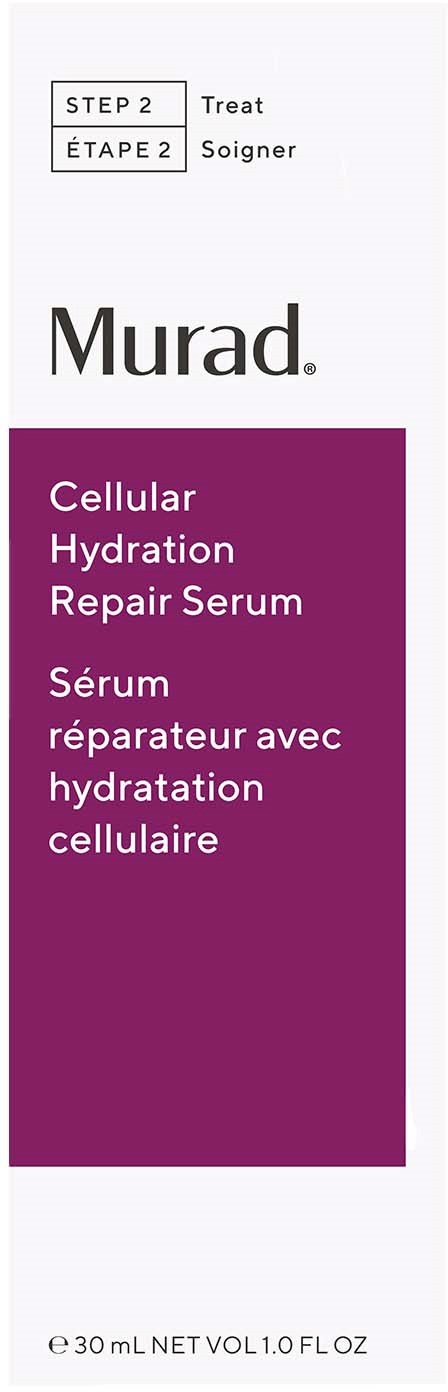 Logo voor Murad's cellulaire hydratatie herstelse serum in paars en wit.