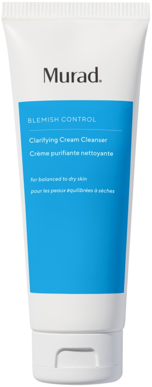 Valkoinen putkilo Murad Clarifying Cream Cleanser, sinisellä merkinnällä rasvaiselle ja kuivalle iholle.