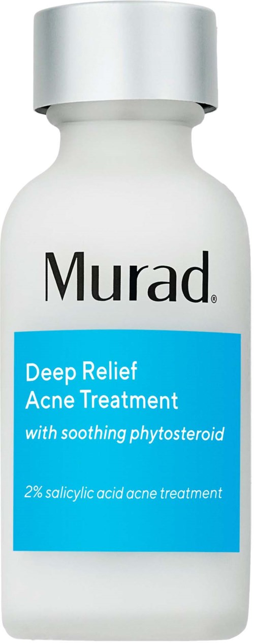 Een witte fles met zilveren dop, gemarkeerd Murad, promoot een diepe verlichting acne behandeling met kalmerende fyto-steroïde.