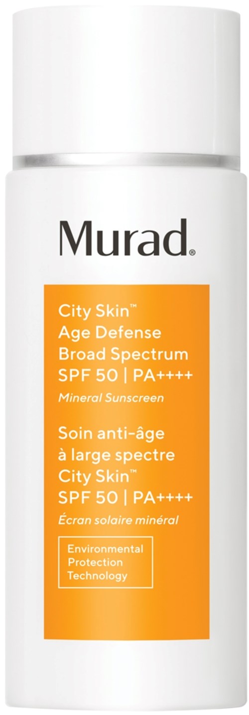 Een witte fles met Murad zonnebrand met oranje label, geeft SPF 50 en breed spectrum bescherming.