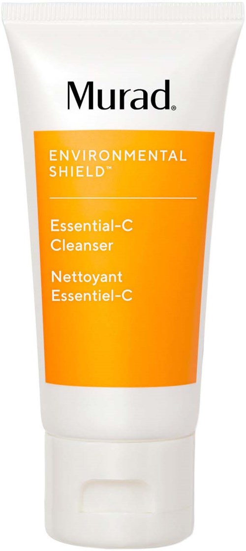 Een witte tube met het label Murad Environmental Shield Essential-C Cleanser en een oranje gedeelte.
