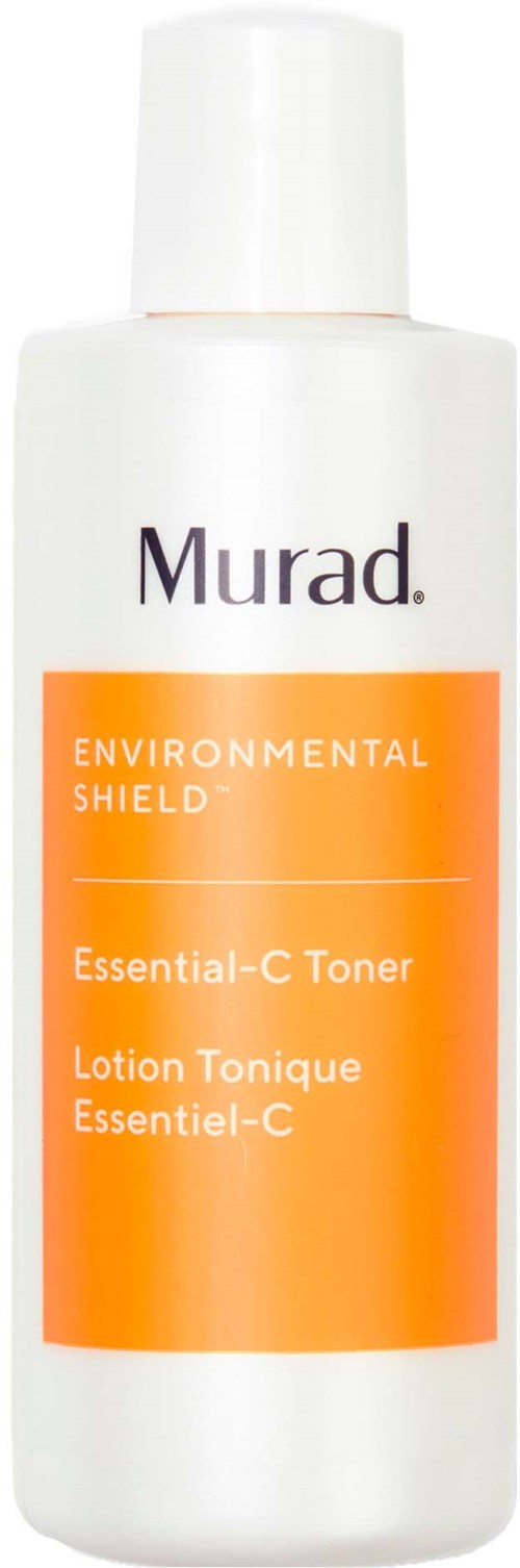 Weiße Flasche mit einem Etikett, das Murad, Environmental Shield, Essential-C Toner in Orange und Weiß zeigt.