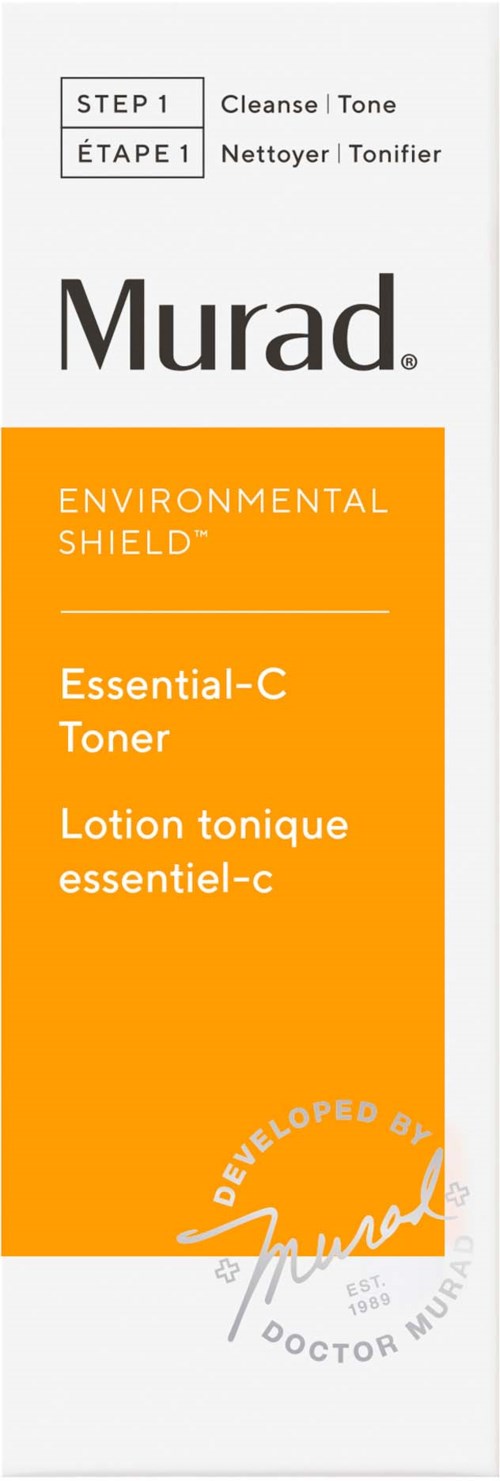 Eine weiße und orangefarbene Packung mit den Worten 'Murad' und 'Essential-C Toner', sowie Anweisungen in mehreren Sprachen.