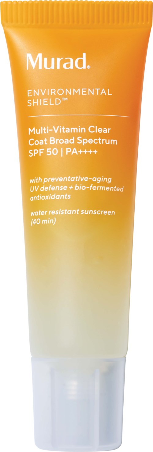 Een zonnebrandcrème tube met een oranje en gele kleurverloop, gelabeld Murad Environmental Shield, met SPF 50.