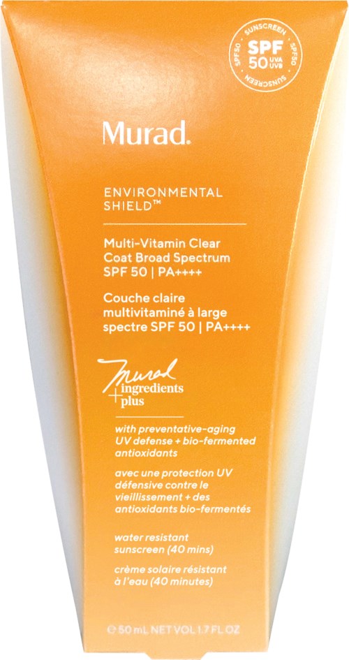 Oranje tube van Murad zonnebrandmiddel met SPF 50, gelabeld als multivitamine, waterbestendig en milieuvriendelijk.