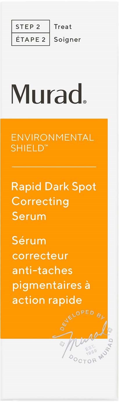 Verpakkingsdoos met productnaam, beschrijving in oranje en details over vlekkencorrecterend serum.