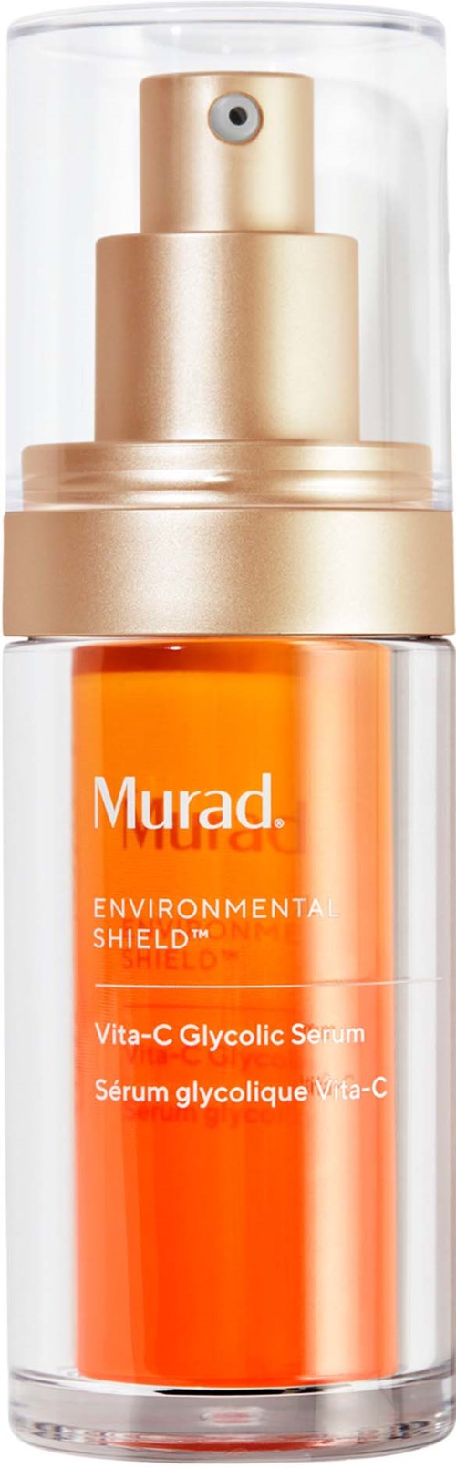 Huidverzorgingsfles met gouden pomp, gelabeld Murad Environmental Shield Vita-C Glycolic Serum, in een doorzichtige container.