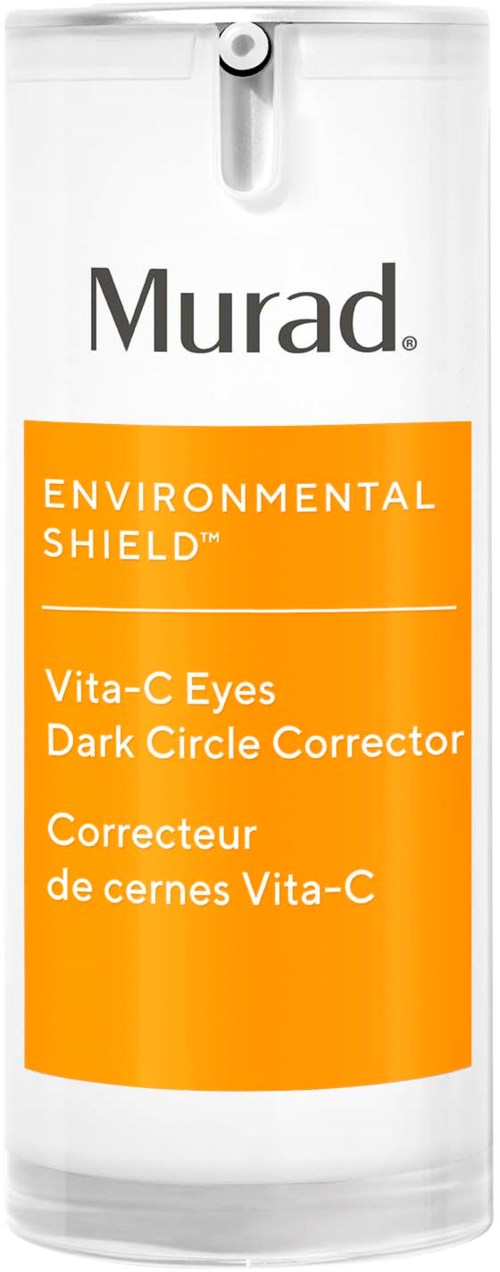 Eine weiße Flasche mit oranger Beschriftung, die Murad Environmental Shield, Vita-C Eyes Dark Circle Corrector liest.