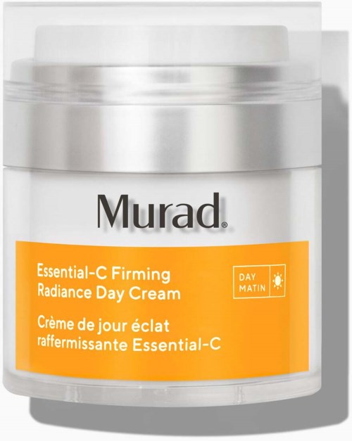 Een witte pot met Murad dagcrème met oranje label en zilveren deksel.