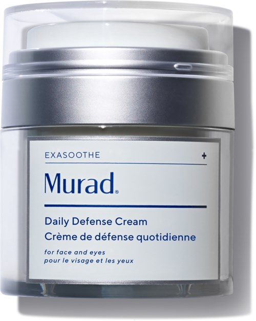 Ett burk Murad Daily Defense Cream för ansikte och ögon, med silver- och vit förpackning, och blå text.
