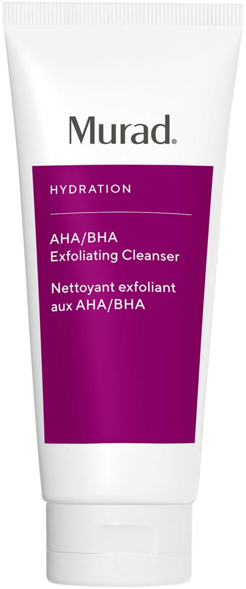 Witte tube met paarse label, toont merknaam Murad en product voor huidreiniging en exfoliatie.