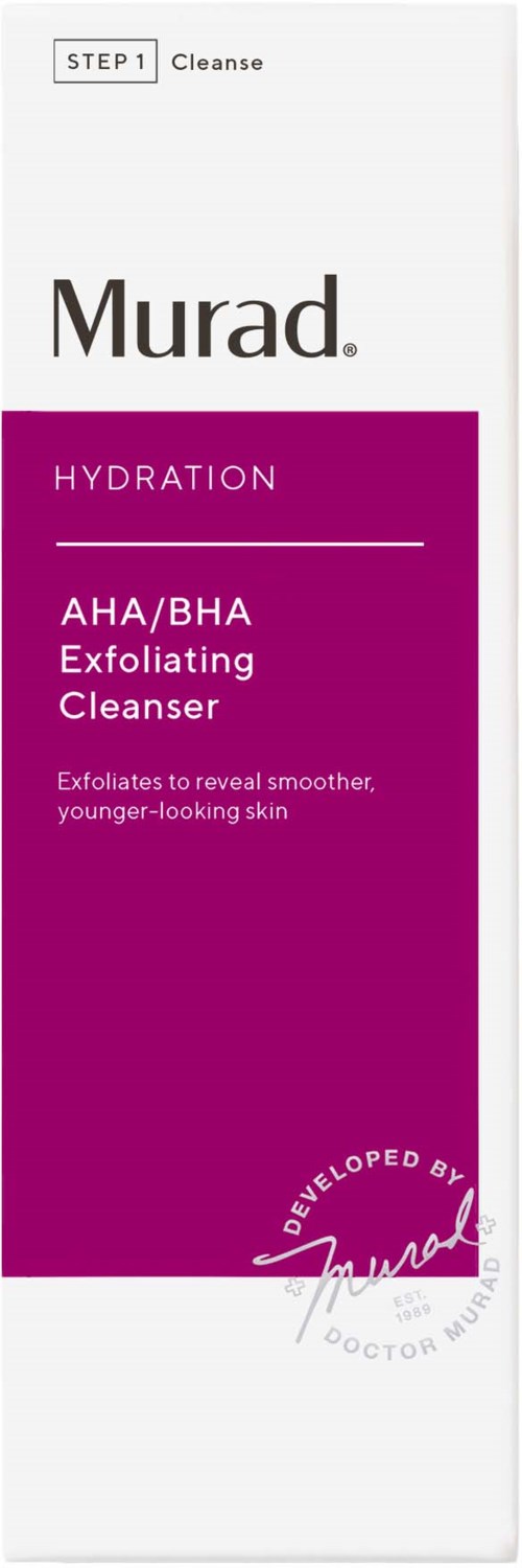 Een doosje Murad AHA/BHA Exfoliating Cleanser voor een gladdere huid, met paars en wit ontwerp.